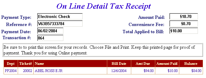 Online payment receipt example