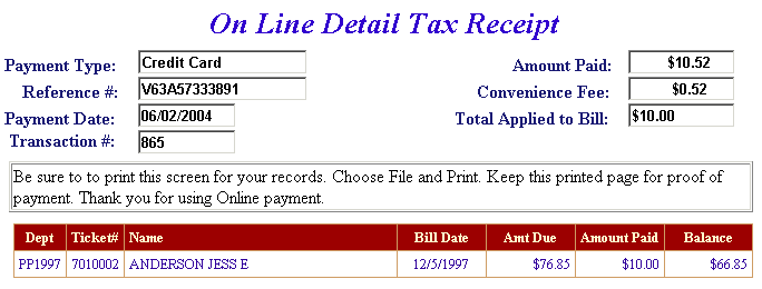Online payment receipt example