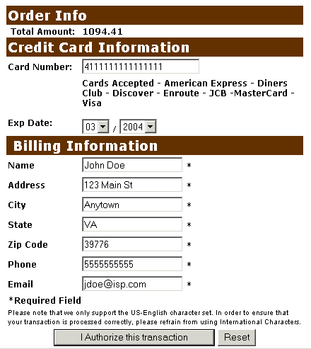 Input credit card information example