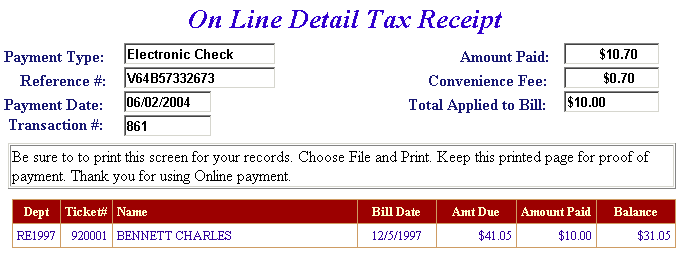 Payment receipt example