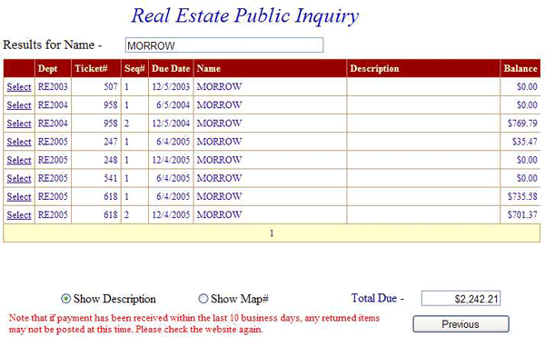 Payment history screen example